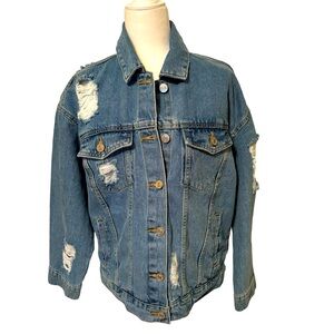 FOREVER 21 Distressed Oversized Girlfriend Jean Jacket Size Small **NEW**